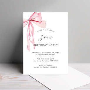 Dainty Watercolor Pink Bow Birthday Party Invitation