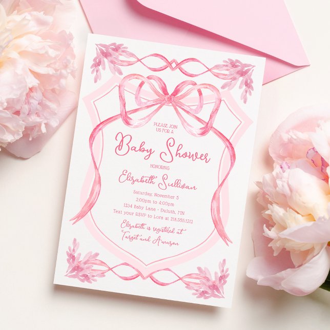 Dainty Watercolor Pink Ribbon Baby Shower Invitation (Dainty Watercolor Pink Ribbon Baby Shower Invitation)