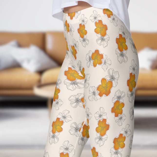 Dainty White Linen Triple Bloom Floral Pattern Leggings (Triple Bloom on Linen)