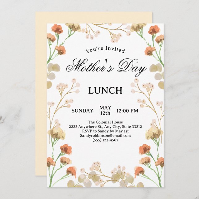 Dainty Wildflowers White Mother's Day Lunch Invitation (Front/Back)