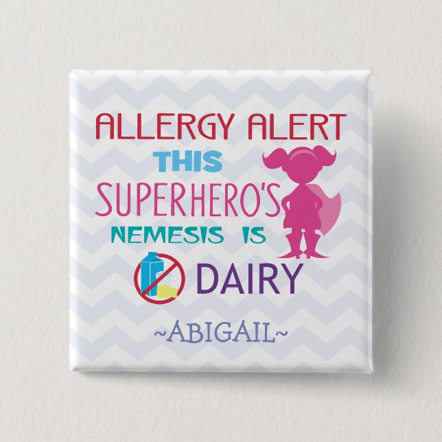 Dairy Allergy Alert Superhero Girl Pink Silhouette 15 Cm Square Badge (Front)
