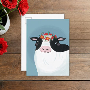 Dairy Cow and Red Flower Crown Postcard