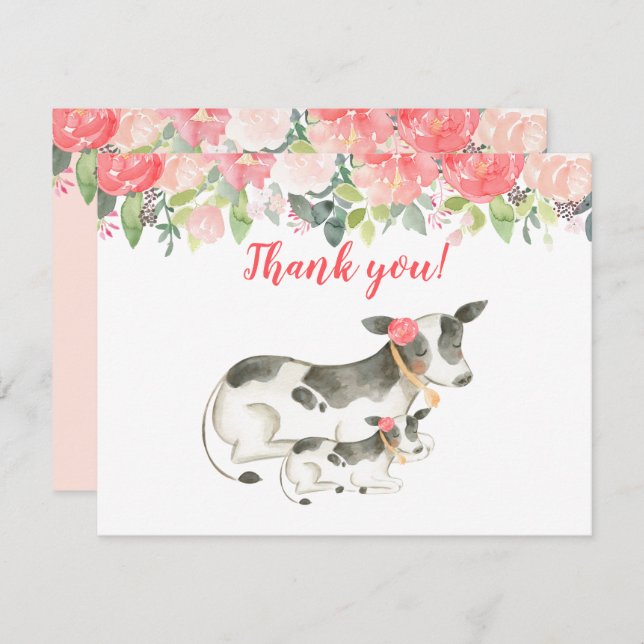 Dairy Cow Floral Peony Thank you notes Invitation (Front/Back)