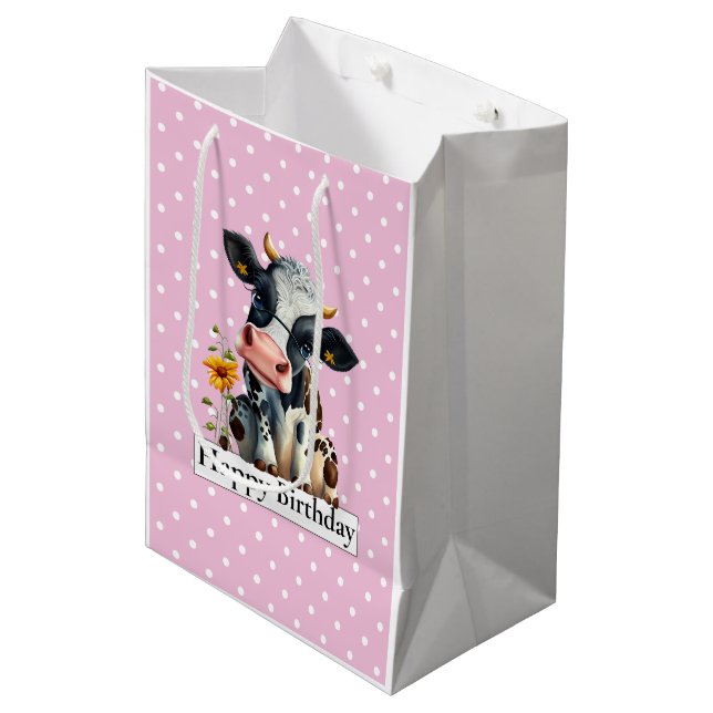 Dairy Cow Happy Birthday Pink Medium Gift Bag (Front Angled)