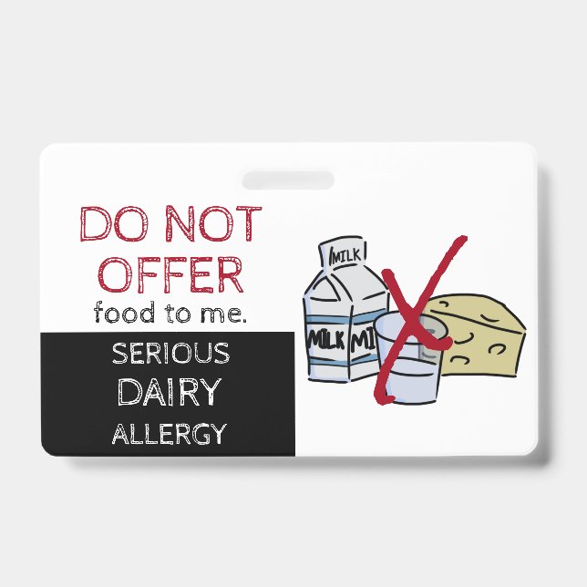 Dairy Food Allergy Alert Label ID Badge (Front)
