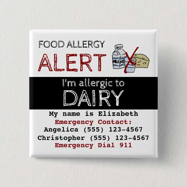 Dairy Food Allergy Alert White Red Black 15 Cm Square Badge (Front)