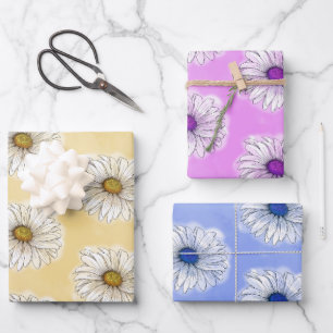 Daisies 3 Sets on Flat Wrapping Paper Sheet