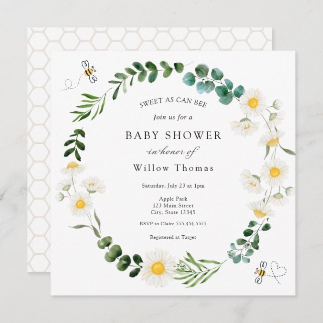 Daisies and Bees Baby Shower Invitation (Front/Back)
