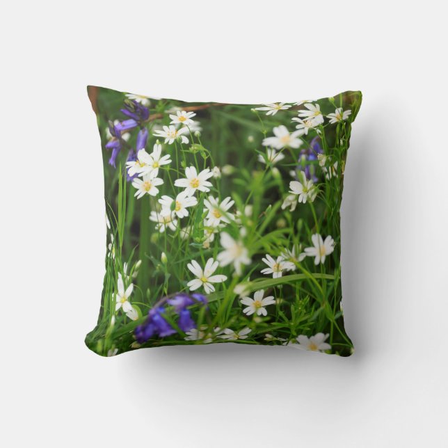 Daisies and Blue Bells Throw Pillow (Front)