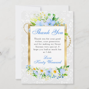 Daisies and Blue Flowers Gold Frame Sweet 16 Thank You Card