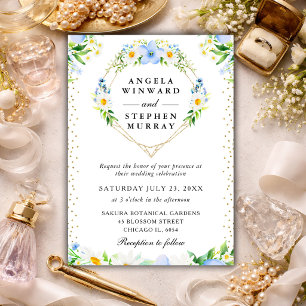 Daisies and Blue Flowers Heart Wreath Wedding Invitation