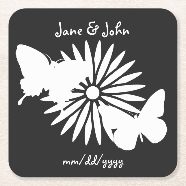 Daisies and Butterflies in Black Paper Coaster (Front)