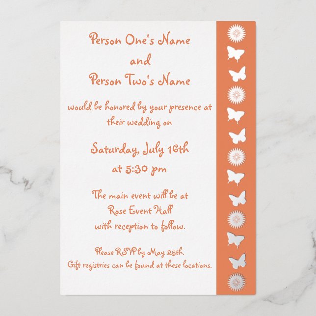 Daisies and Butterflies in Coral Foil Invitation (Front)