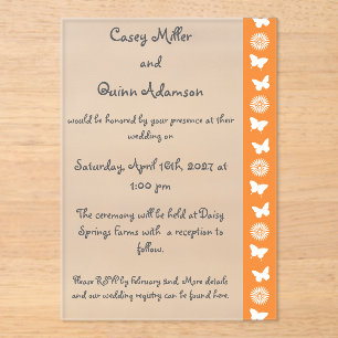Daisies and Butterflies in Orange Acrylic Wedding Invitations