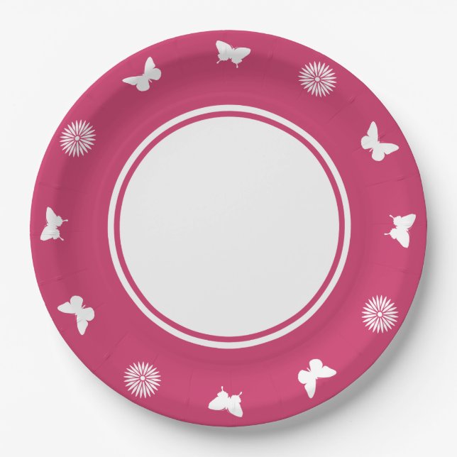 Daisies and Butterflies in Raspberry Paper Plate (Front)
