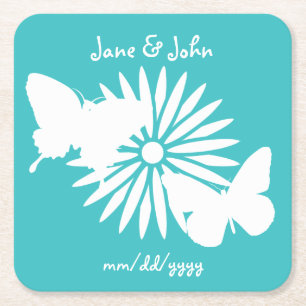 Daisies and Butterflies in Turquoise Paper Coaster