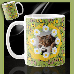 Daisies and Cat Ears on a Green Coffee Cat Coffee Mug