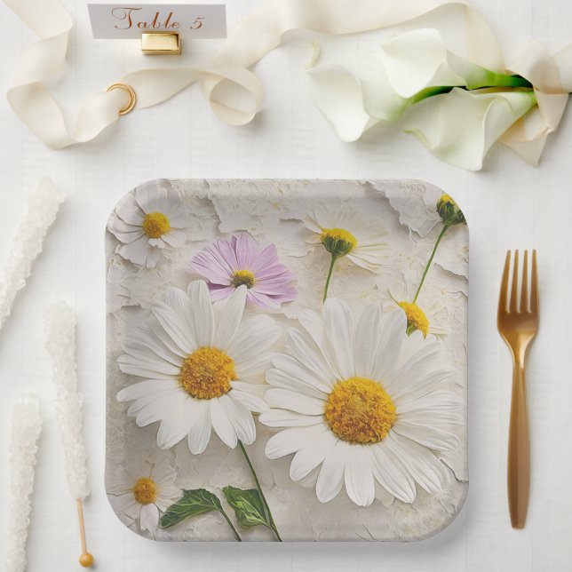 Daisies and Cosmos On Distressed Paper Plate (Wedding)