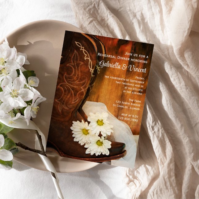 Daisies and Cowboy Boots Western Rehearsal Dinner Invitation (Creator Uploaded)
