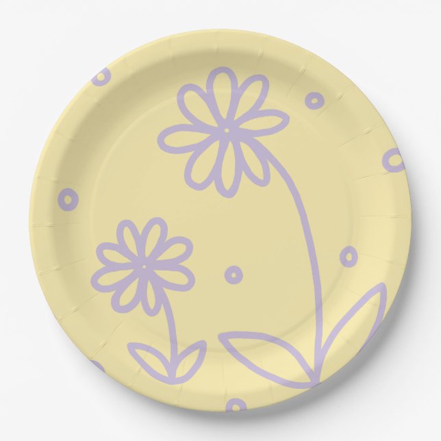 Daisies and Dots 2 - Pastel Yellow and Purple Paper Plate (Front)