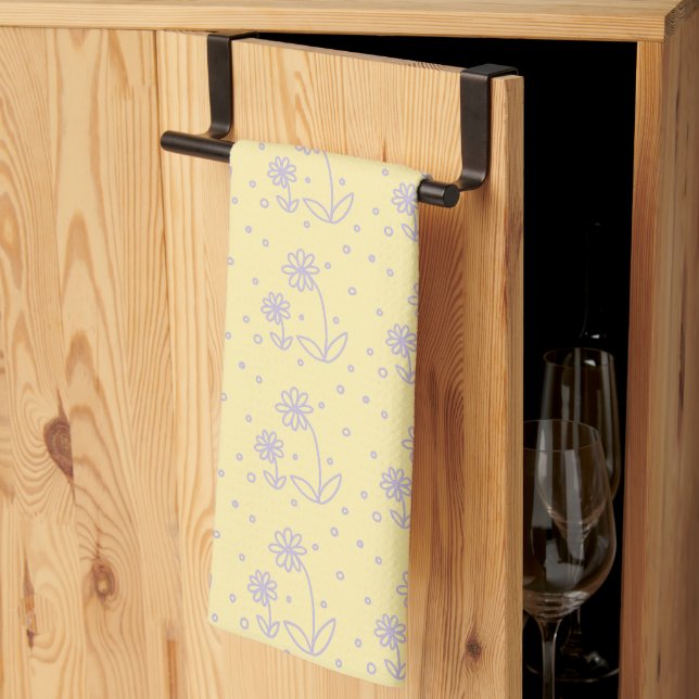 Daisies and Dots 2 - Pastel Yellow and Purple Tea Towel (Thirds Fold)