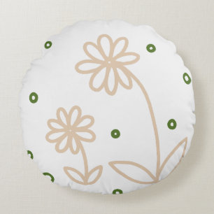 Daisies and Dots 2 - White, Sand and Palm Green Round Cushion