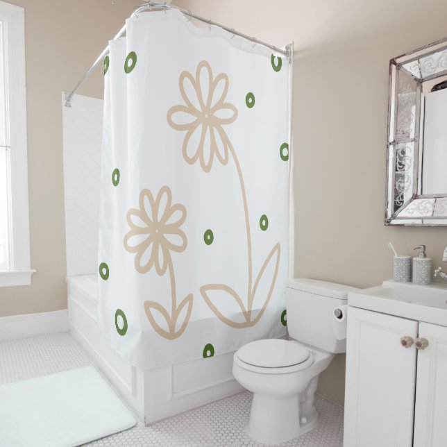 Daisies and Dots 2 - White, Sand and Palm Green Shower Curtain (In Situ)
