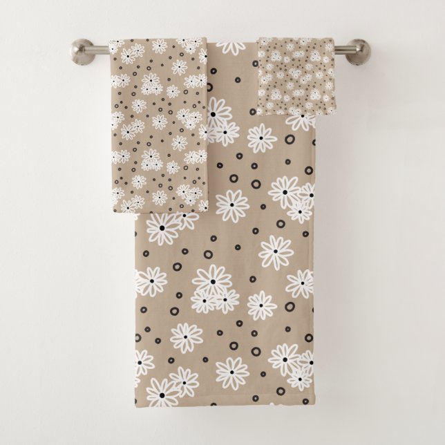 Daisies and Dots - Taupe, Black and White Bath Towel Set (Insitu)