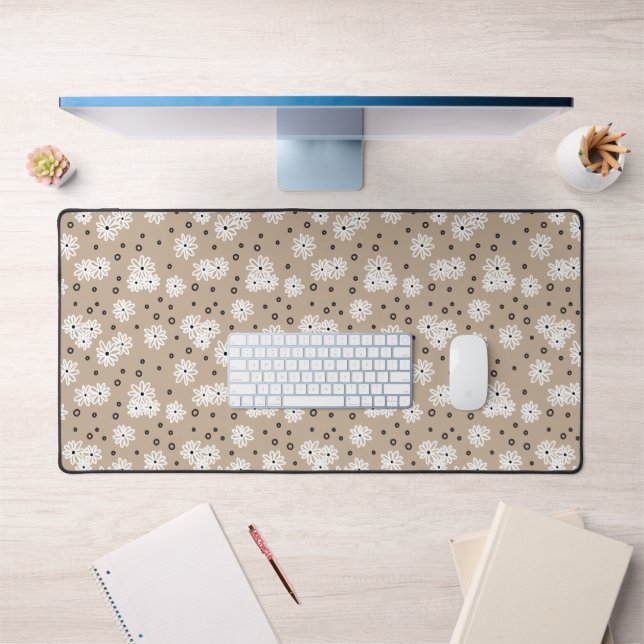 Daisies and Dots - Taupe, Black and White  Desk Mat (Office 1)