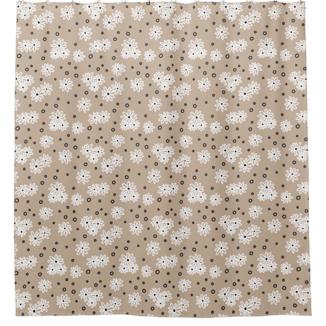 Daisies and Dots - Taupe, Black and White Shower Curtain (Front)