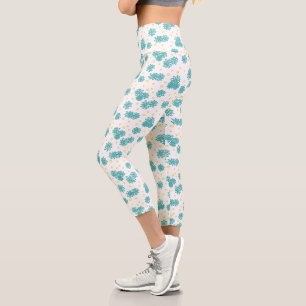 Daisies and Dots - Turquoise and Yellow Capri Leggings