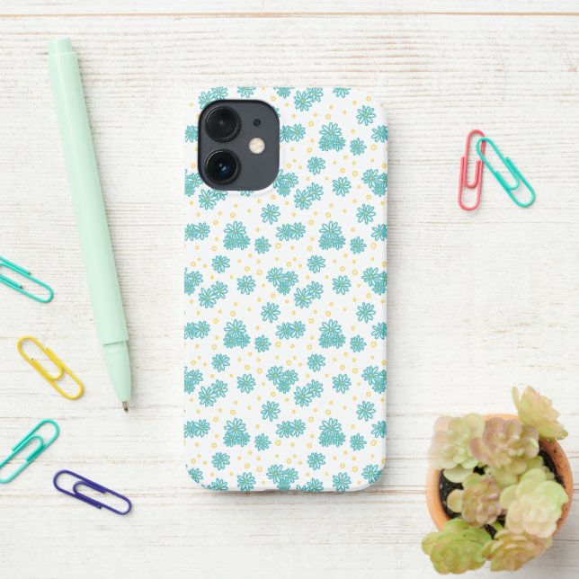 Daisies and Dots - Turquoise and Yellow  iPhone Case (On Desk)