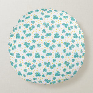 Daisies and Dots - Turquoise and Yellow Round Cushion