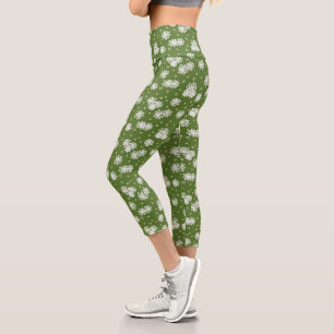 Daisies and Dots - White, Sand and Palm Green  Capri Leggings