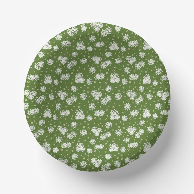 Daisies and Dots - White, Sand and Palm Green  Paper Plate (Front)
