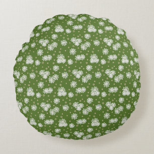 Daisies and Dots - White, Sand and Palm Green Round Cushion