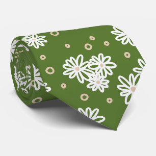 Daisies and Dots - White, Sand and Palm Green Tie