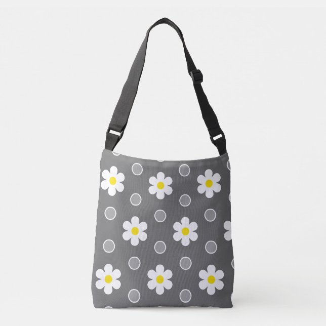 Daisies and Grey and White Polka Dot Pattern Crossbody Bag (Front)