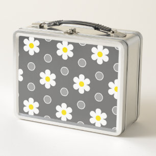 Daisies and Grey and White Polka Dots Metal Lunch Box