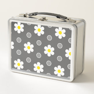 Daisies and Grey and White Polka Dots Metal Lunch Box