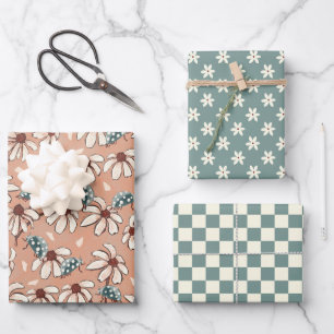Daisies and Ladybugs Peach and Teal   Wrapping Paper Sheet