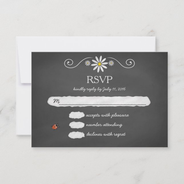 Daisies and Ladybugs Rustic Chalkboard RSVP Card (Front)