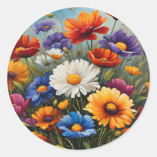 Daisies And Poppies Vibrant Floral Classic Round Sticker