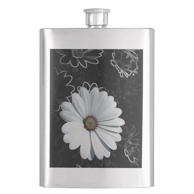 Daisies and shades of grey hip flask (Front)