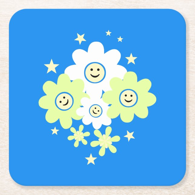 Daisies and Stars Square Paper Coaster (Front)