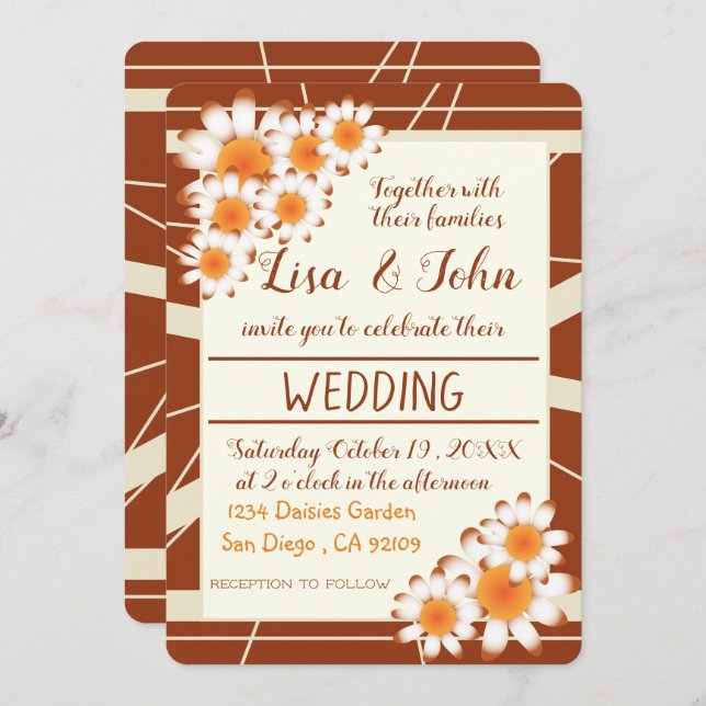 Daisies and stripes rust modern wedding invitation (Front/Back)
