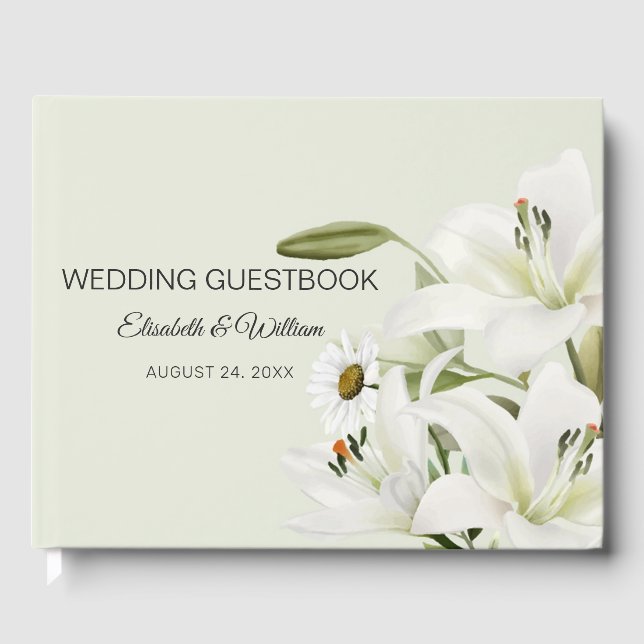 Daisies And White Lilies Light Green Background Guest Book (Front)