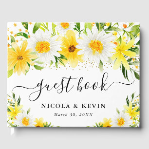 Daisies and Yellow Flowers Gold Frame Wedding Guest Book