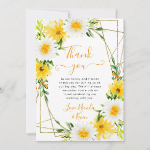 Daisies and Yellow Flowers Gold Frame Wedding Thank You Card