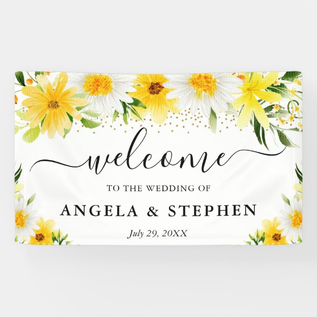 Daisies and Yellow Flowers Wedding Welcome Banner (Horizontal)
